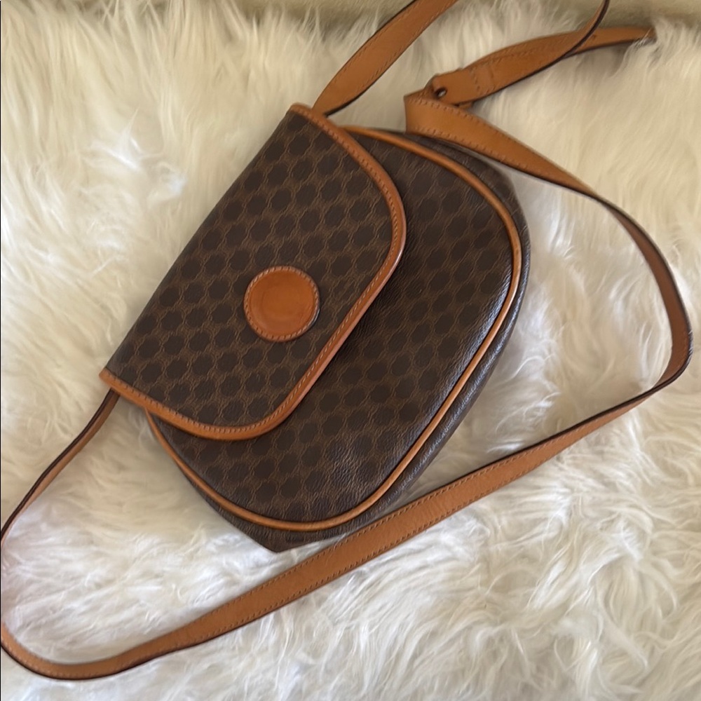 Celine Brown and Tan Crossbody Bag with Leather Trim